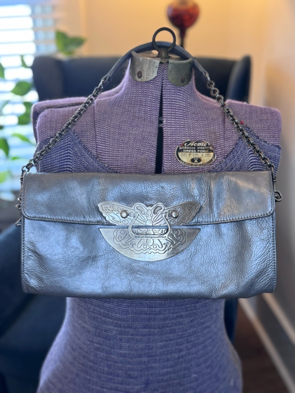 Vintage CBGB Metallic Silver Leather Shoulder Bag with butterfly clasp. Heavy!!